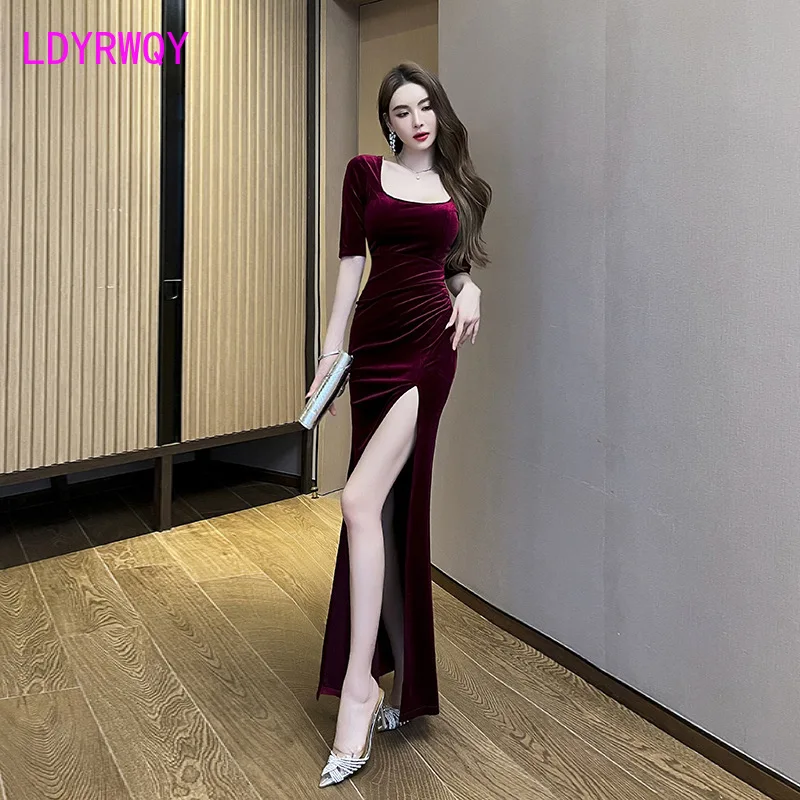 Sexy large U-neck diamond bead split floor mopping women's long dress nightclub slim fit temperament evening dress