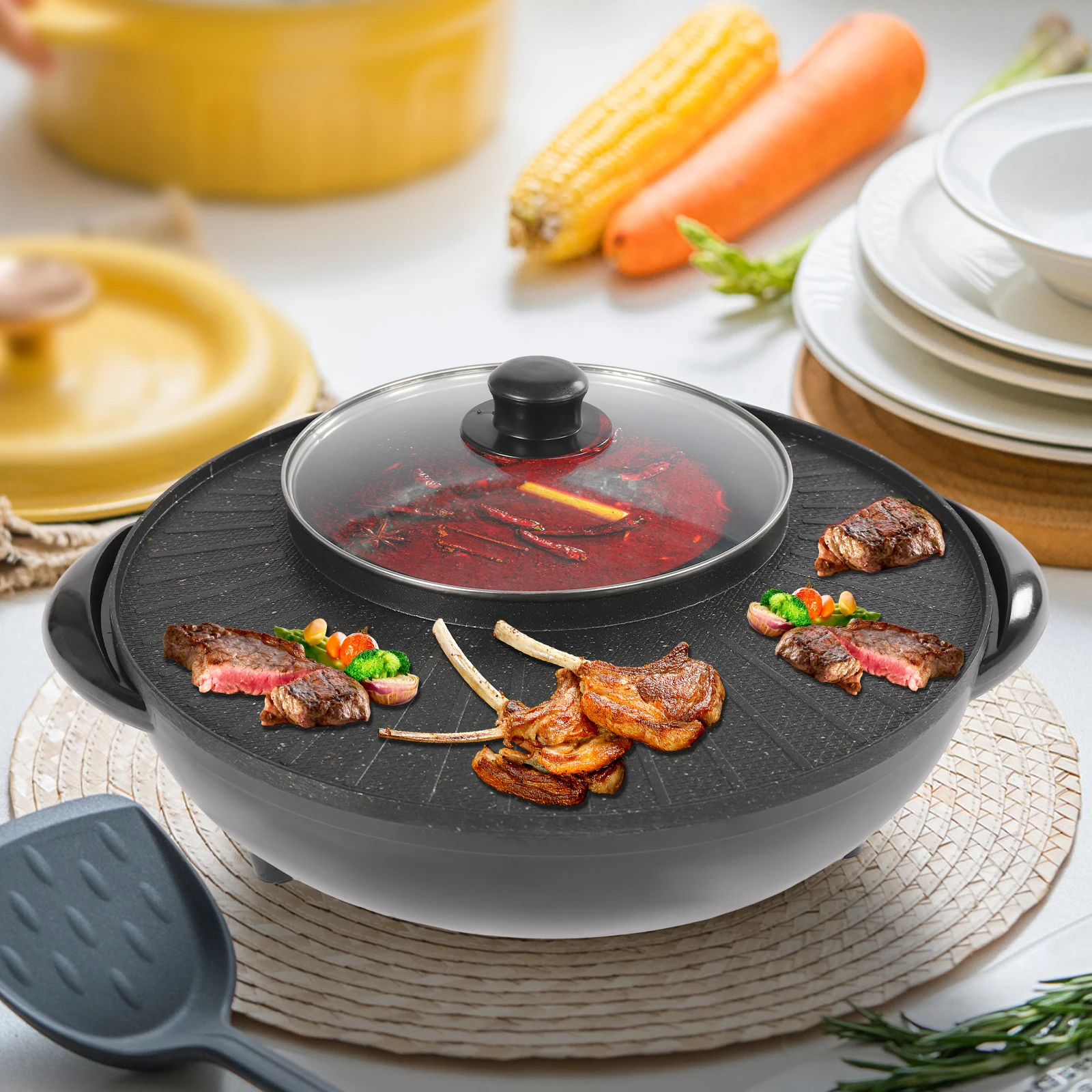 2 in 1 Electric Hot Pot BBQ Grill Portable Smokeless Barbecue Pan Grill 1350W NEW