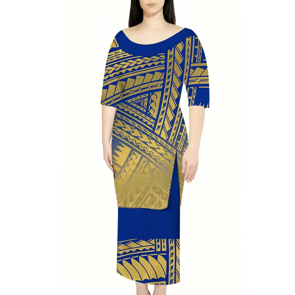 Dropshipping Custom Polyensian Puletasi Boat Neck Dress Pacific Island Art Design Ladies New Zealand Print Dress 2 Piece