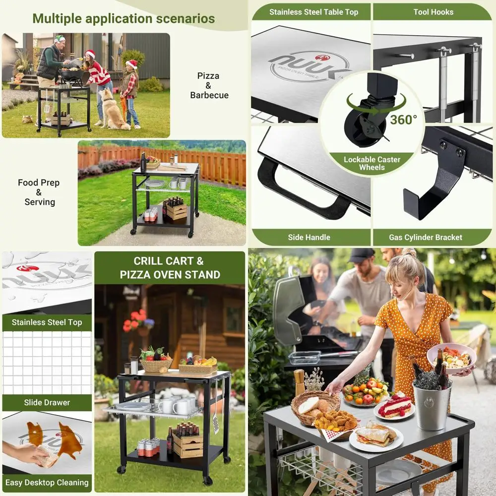 

Outdoor 3-Shelf Stainless Steel Pizza Oven Table with Sliding Drawer, 30x24 Grill Cart for BBQ and Serving