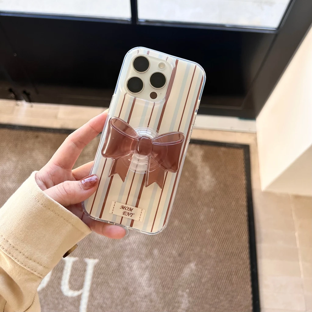 الخريف الشتاء بسيط الأزرق البني شريط Bowknot مع حامل للصدمات واقية غطاء الهاتف آيفون 17 16 15 14 برو ماكس