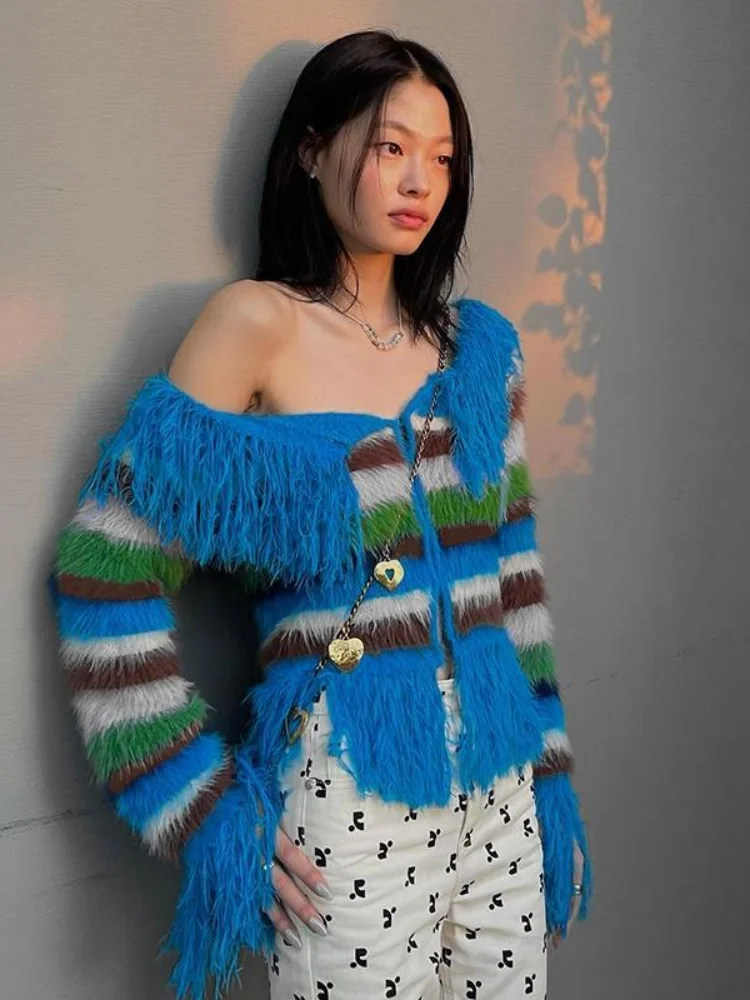 Y2K Aesthetic Blue Striped Contrast Color Knitted Carigan Slash Neck Women Cardigan Tassel Patchwork Off Shoulder  Sweaters