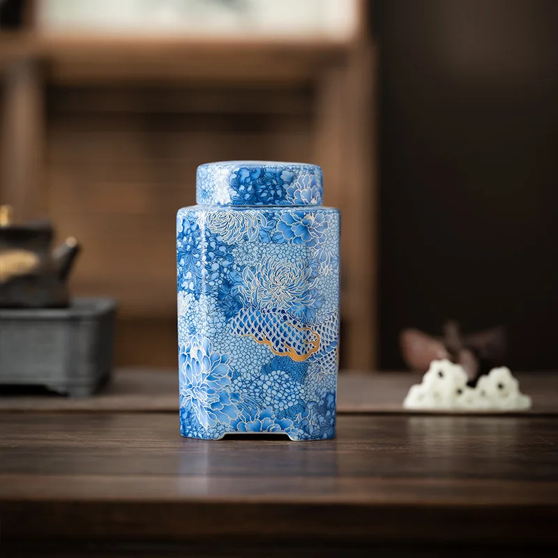 Chinese Style Enamel Color Filigree Silver Dragon Ceramic Tea Can Square Can Green Tea Sealed Storage Tea Can