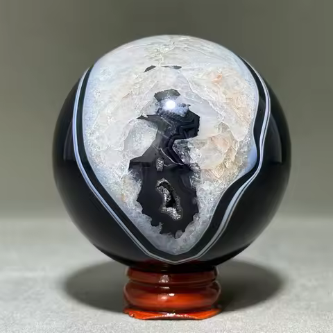 Natural Gemstone Black Agate Mineral Quartz Crystal Ball Aura Spiritual Meditation Energy Divination Altar Home Decoration+Base