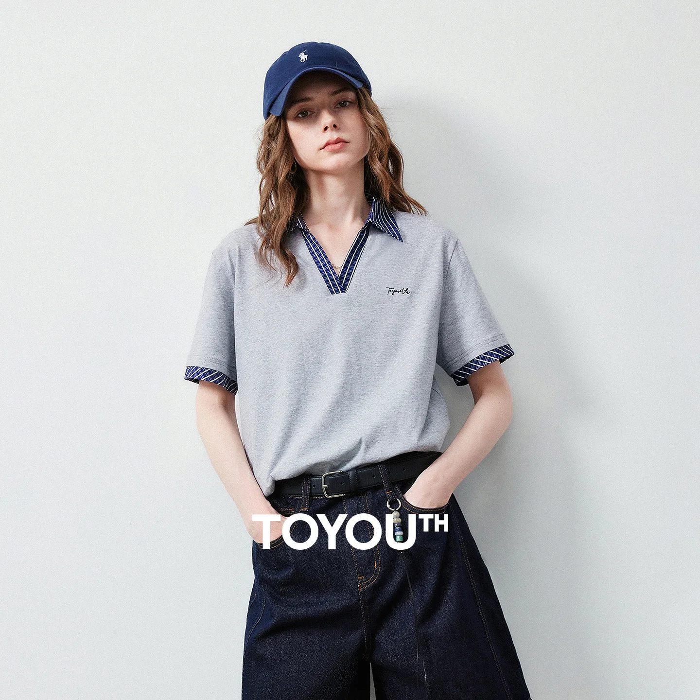 TOYOUTH Women T Shirt 2026 Summer New 5A Antibacterial Cotton Light Heather Gray Polo Collar Plaid Folded Cuff Tops