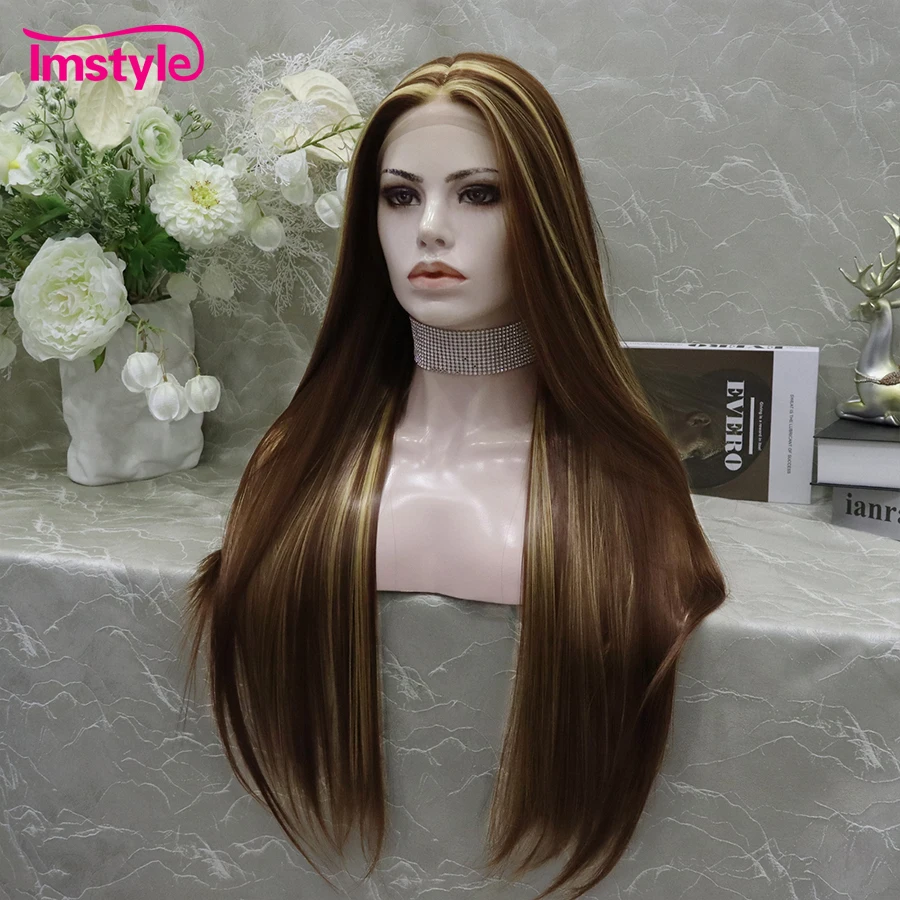 Imstyle Brown Wig Long Synthetic Lace Front Wig T Part Lace Wig Straight Hair Red Wigs For Women Heat Resistant Fiber Daily Wig