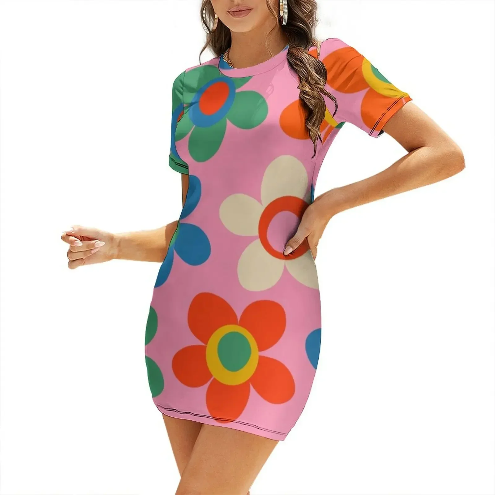 Vestido de manga corta rosa con estampado floral colorido de Cheerful Maisie Flowers, ropa estética