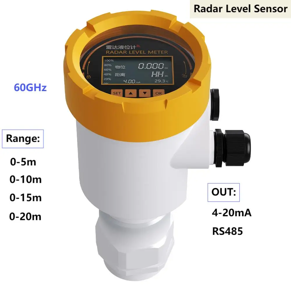 60GHZ Radar Level Sensor Transmitter 4-20mA RS485 Radar Level Transmitter with Screen Radar Liquid Level Meter 5M 10M 20M