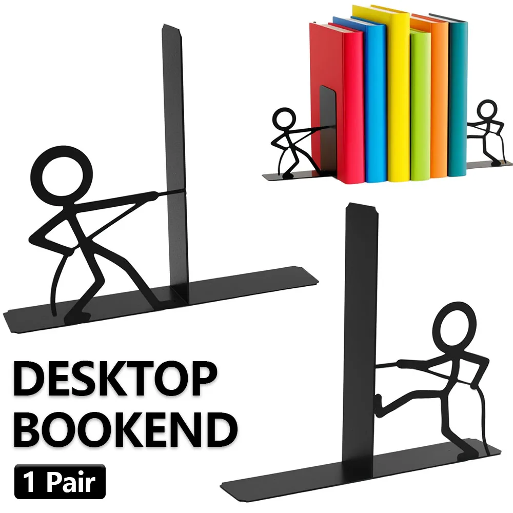 1 Pair Desktop Bookend Metal Decorative Bookshelf Creative Stick Figure Bookend Non-slip Document Organizer Books Storage Rack