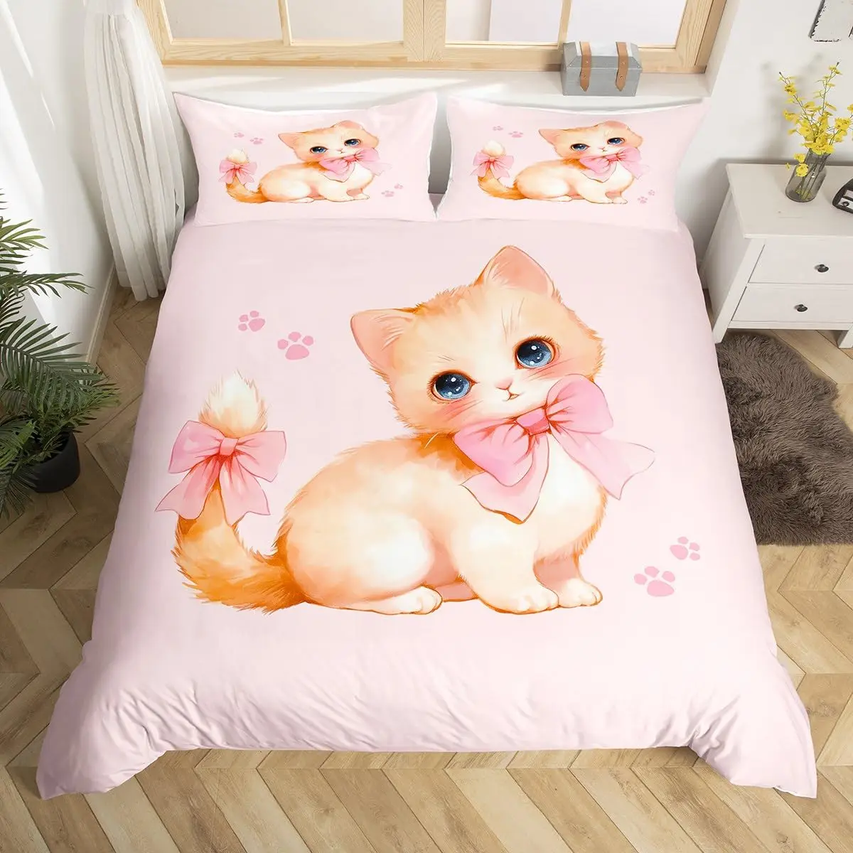 

Kawaii Cat Duvet Cover Pink Bowknot Kitten Bedding Set Sweet Pet Animal Comforter Cover Princess Bow Girly Polyester Quilt Cover