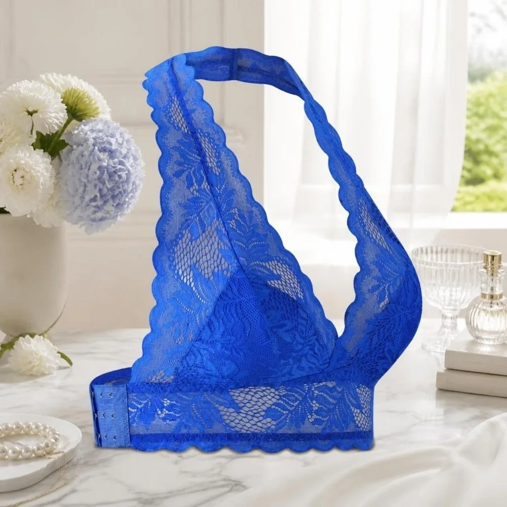 Vestenartiger Neckholder-BH mit Spitze, Push-Up-Effekt, transparentem Netzstoff, Schönheitsrücken, seitlicher Schnalle, unsichtbarer, drahtloser BH für den täglichen Gebrauch. – Detail 5