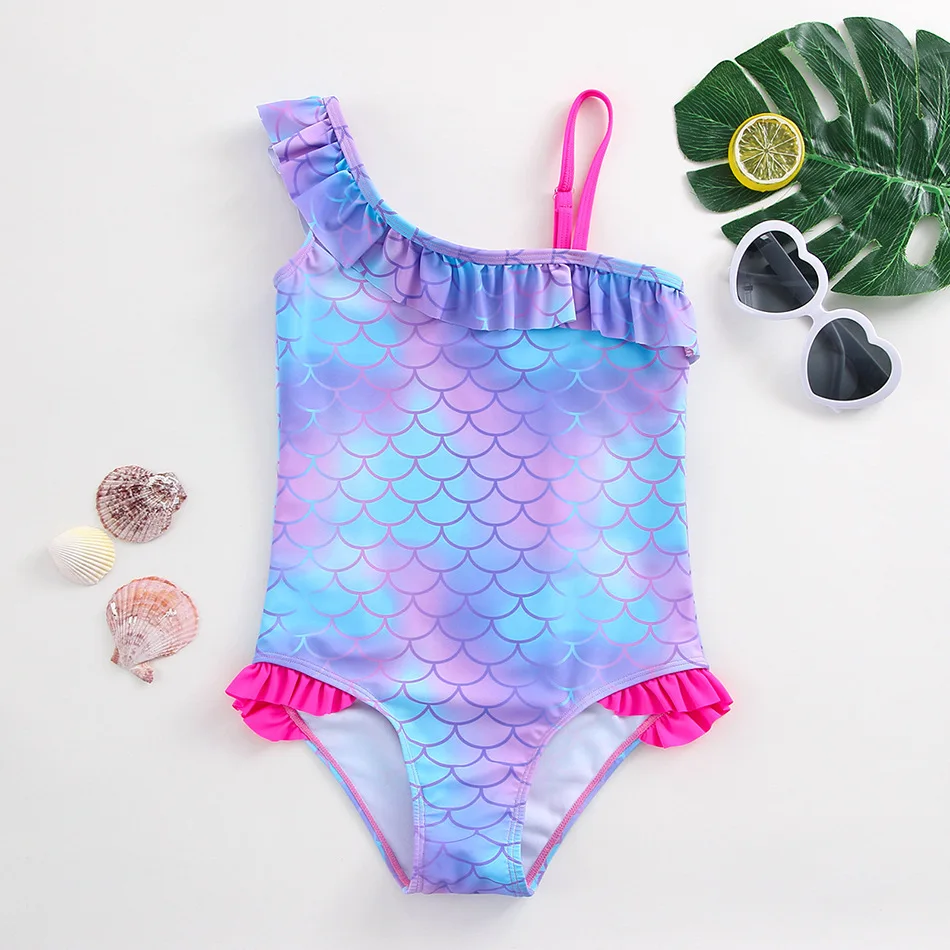 1-Piece Children's Swimsuit with Printed Fish Scales, Girls' One-Piece Swimsuit, Girls' Swimming One-Piece