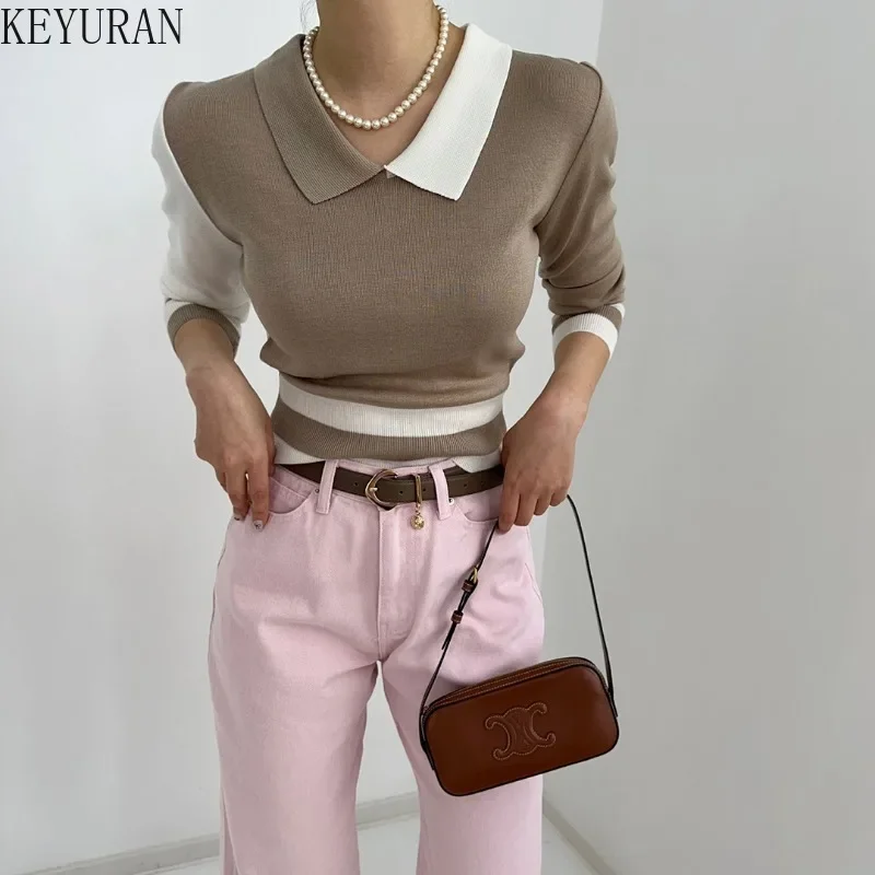 2024 Autumn Color Blocked Knitted Sweater Women Korean Fashion Chic Casual Slim Long Sleeve Crop Tops Pullovers Sweaters Jumpers