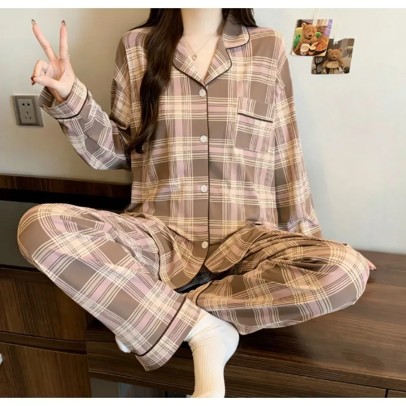 

Harajuku Style Simple Plaid Pajamas Set for Women Casual Soft Two Piece Set Women's Pajamas 2026 Spring New Loungewear Homewear