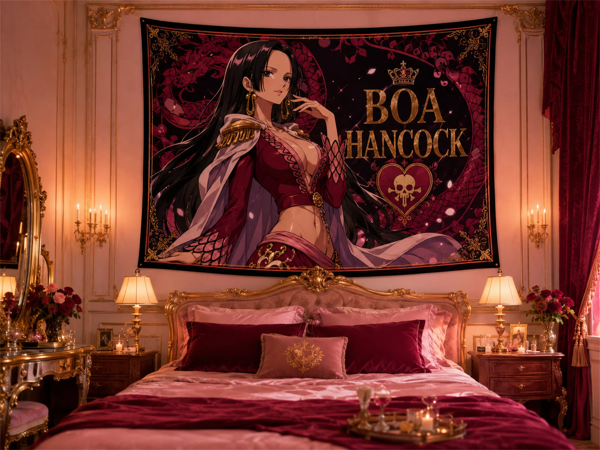 One Piece Boa Hancock Red Dragon Tapestry Pirate Queen Crown Print Wall Hanging Decor for Anime Fans Bedroom Dorm Photo Backdrop