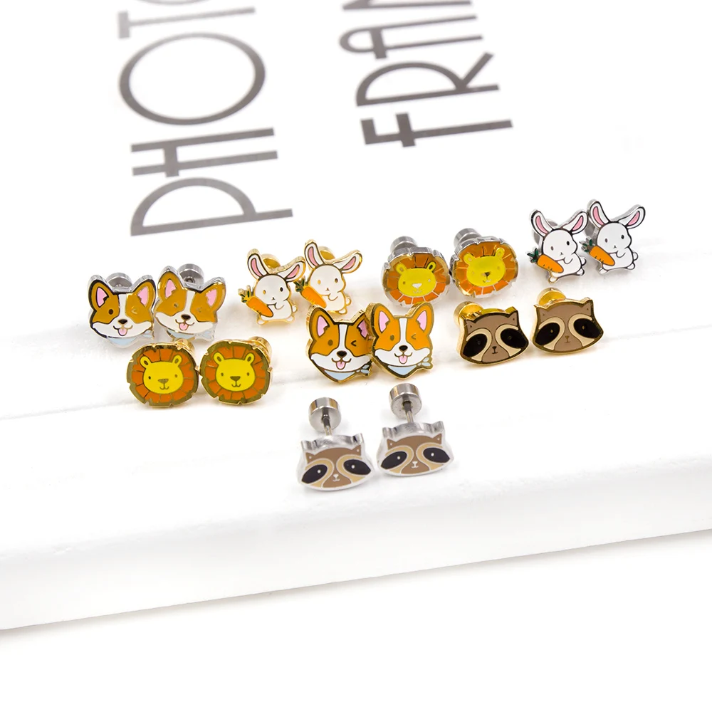 LUXUKISSKIDS Cute Girls's Earrings Acrylic Design Animals Piercing Butterflies Stainless Steel Penguin Childlike серьги Brinco