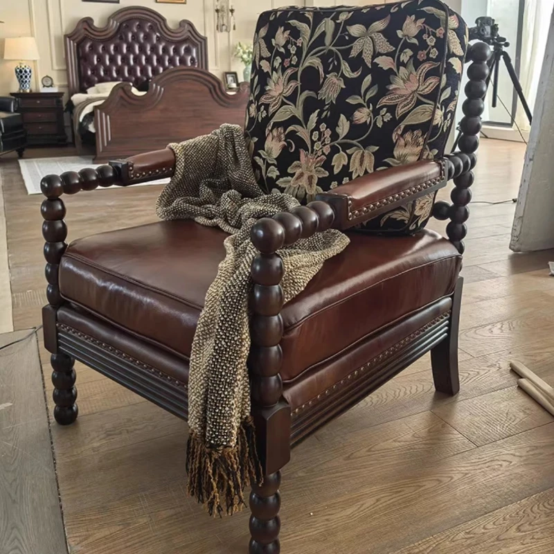 

All solid wood single sofa pearl gourd casual chair leather fabric French retro style