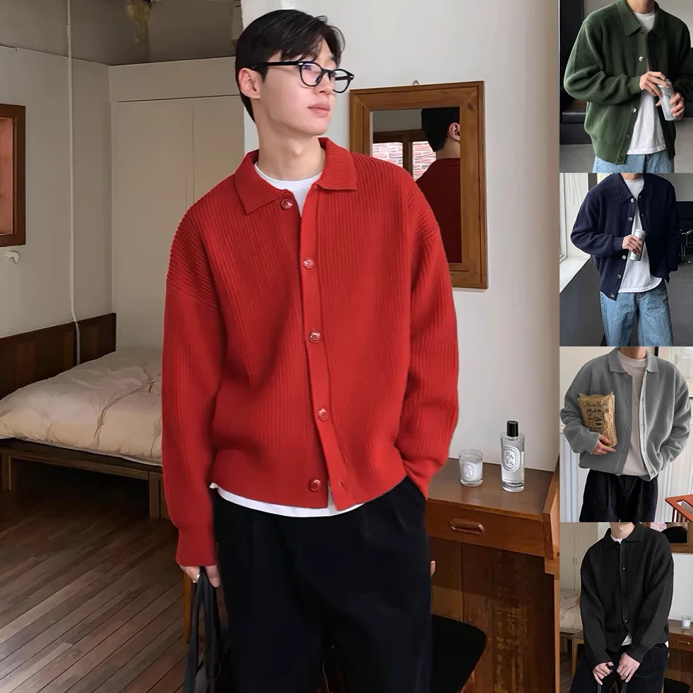 Autumn Winter Red Lapel Knit Polo Cardigan Men's Premium Business Casual Outerwear
