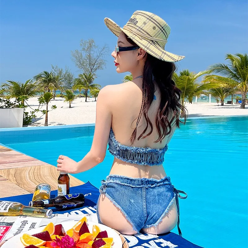 Traje de baño de mezclilla de dos piezas para mujer, conjunto de Bikini Sexy Retro Para niña, ropa de playa Ins, traje de baño de vendaje para