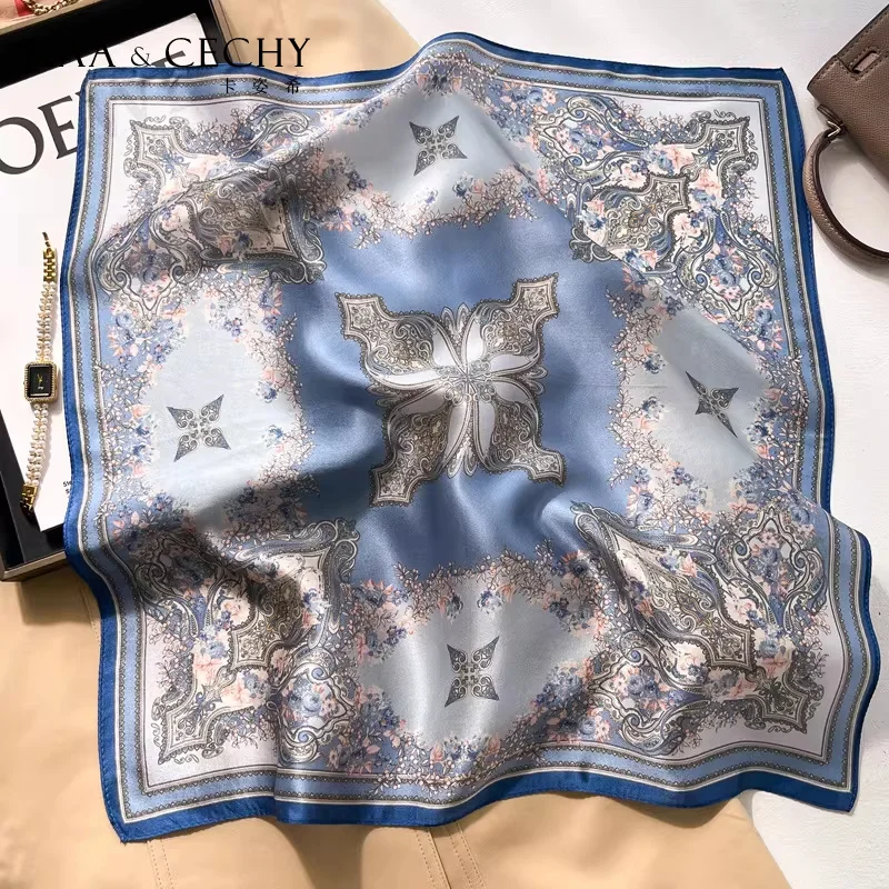 Baroque Floral 100% Mulberry Silk Square Scarf 50cm Blue Neck Bandana Women Luxury Accessory For Bag Hair Styling Office view 3