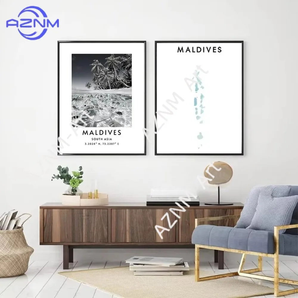 1/2Pcs Maldives Map Poster Canvas Painting, Maldives Coordinates Print Minimalist Travel Gift Wall Picture Living Room Decor