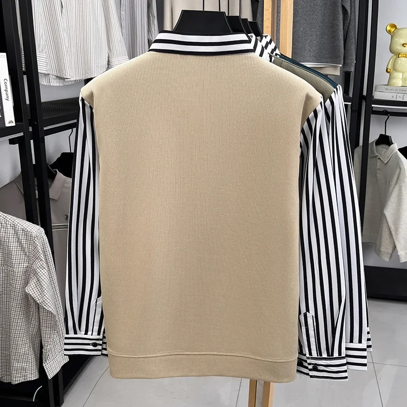 Mens Casual Fake Two Piece Sweater Shirt Striped Collar Long Sleeve V Neck Pullover For Business And Daily view 6