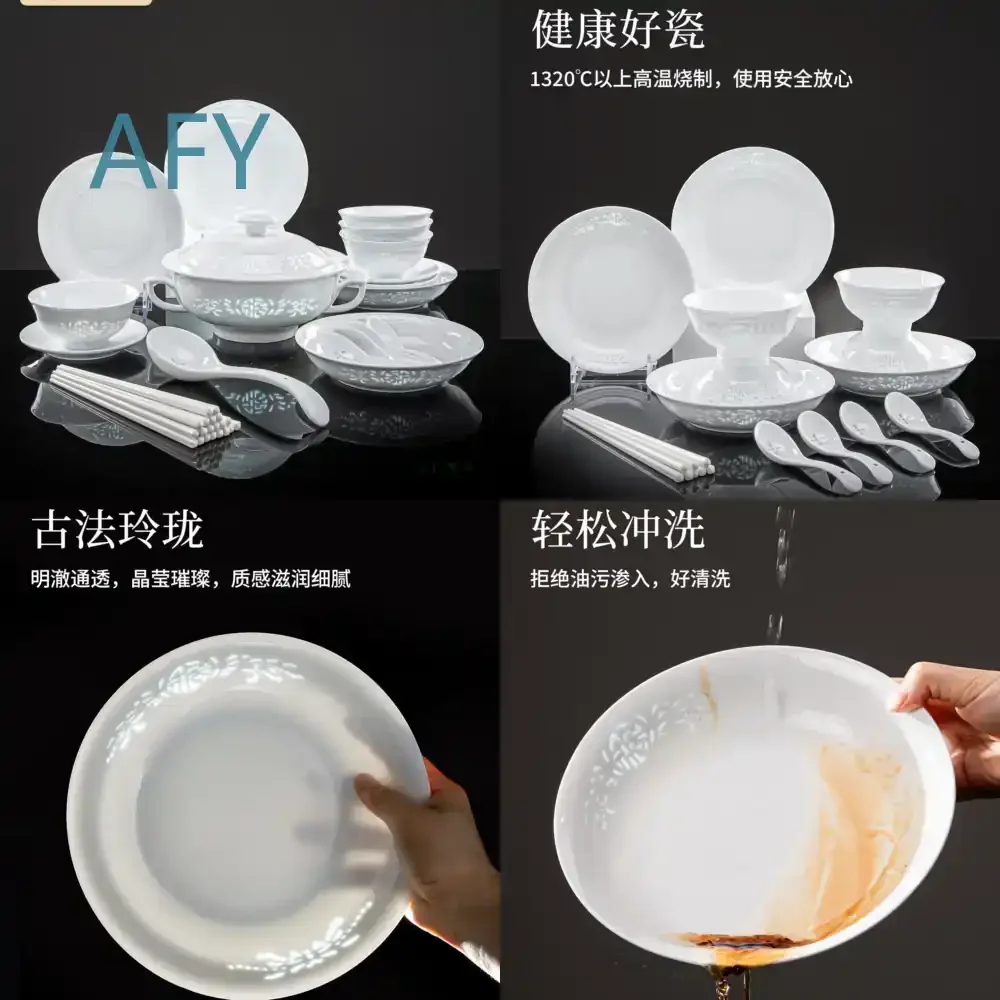 High White Porcelain Dinnerware Set for Jingdezhen Style Hollow Carved Bowls and Plates with Underglaze Decoration for Home