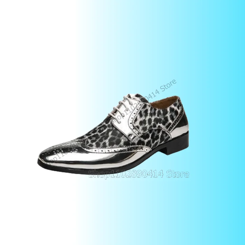 Silver Leopard Print Carving Design Strappy Men Shoes Fashion Lace Up Male Shoes Luxury Handmade Party Office Men Casual Shoes