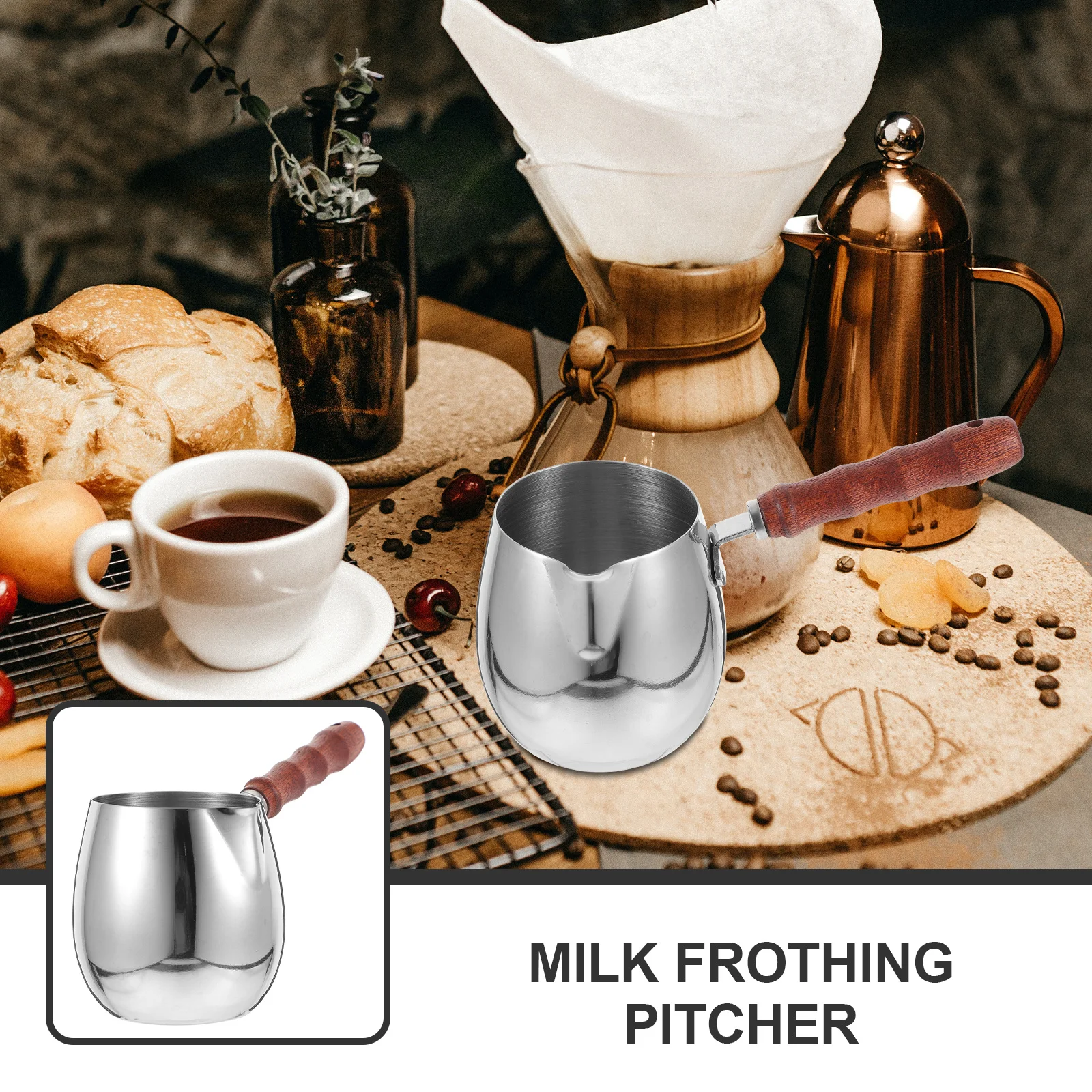 

Stainless Steel Milk Frother Pitcher Wooden Handle Measurement Markings Latte Steaming Cup Coffee Frothing Jug
