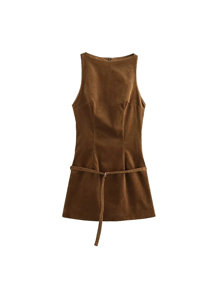 2024 European and American style autumn and winter new high-end waist sleeveless corduroy belted vest dress