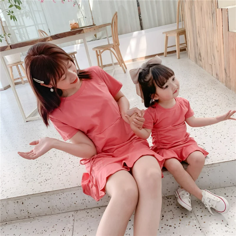 Korean Mom and Daughter Matching Clothes 2023 Summer New Cotton Family Matching Outfits Women Baby Girl Casual Princess Dress