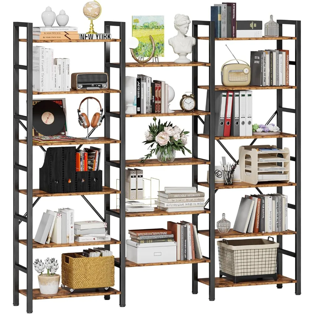 Bookshelves 6 Tiers Triple Wide Industrial Bookshelf,Large Etagere Bookshelf Shelves with Metal Frame for Living Room