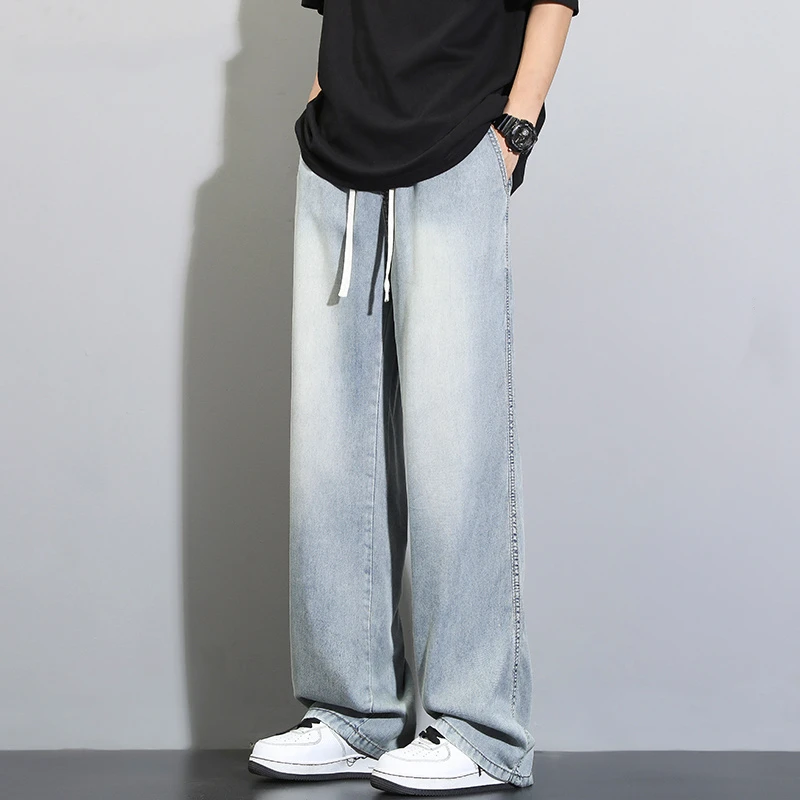 Trendy Ice Silk Solid Color Summer Men Jeans Thin Style Washing Casual Loose Straight Tube Elastic Waist Comfortable Trousers