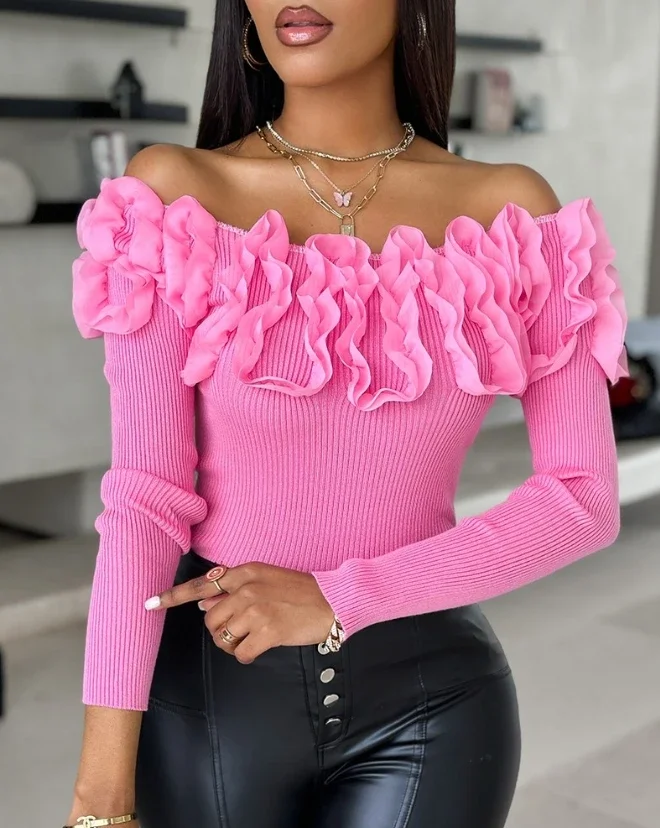 

Y2K Tops Sweater for Women Sexy Elegant Female Pink Lace Floral Pattern Long Sleeve Knit Sweater Top Off Shoulder Pullover Top