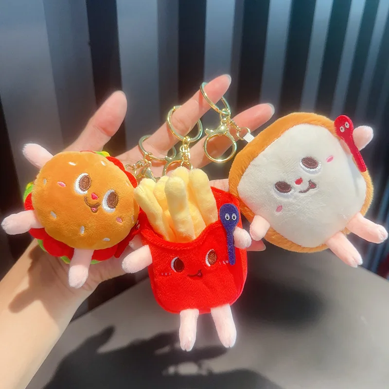 Porte-clés en peluche jetable de dessin animé créatif, hamburger, frites, toast, jambe, beurre, pendentif, jeu de nourriture mignon, sac à dos, cadeaux pour animaux