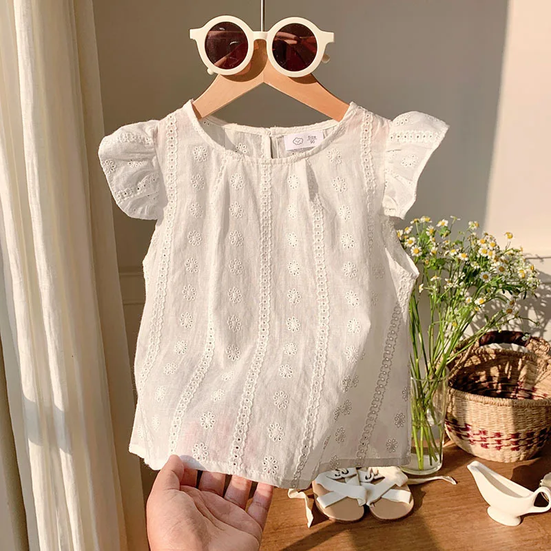 Girls 2025 Summer Sleeveless Top Ruffles & Lace Trim Hem T-shirt Korean Style Unique Design Lightweight Chic