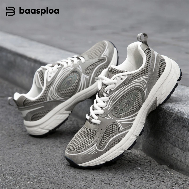 Baasploa Women Running Shoes Breathable Lightweight White Sport Shoes Female Lace-Up Comfort Non-Slip Walking Shoes New Arrival