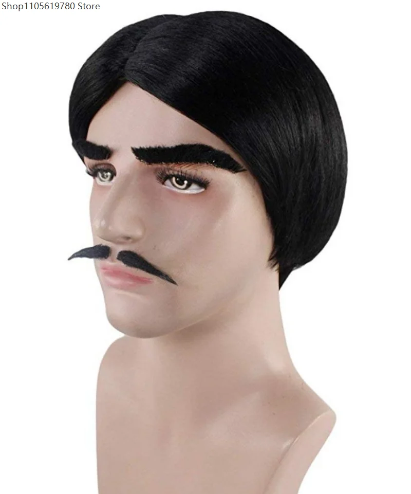 Unisex Vintage Style Cosplay Wig With Handlebar Moustache Kit For Halloween Dress‑Up Costume Prop For Stage Performance Wear
