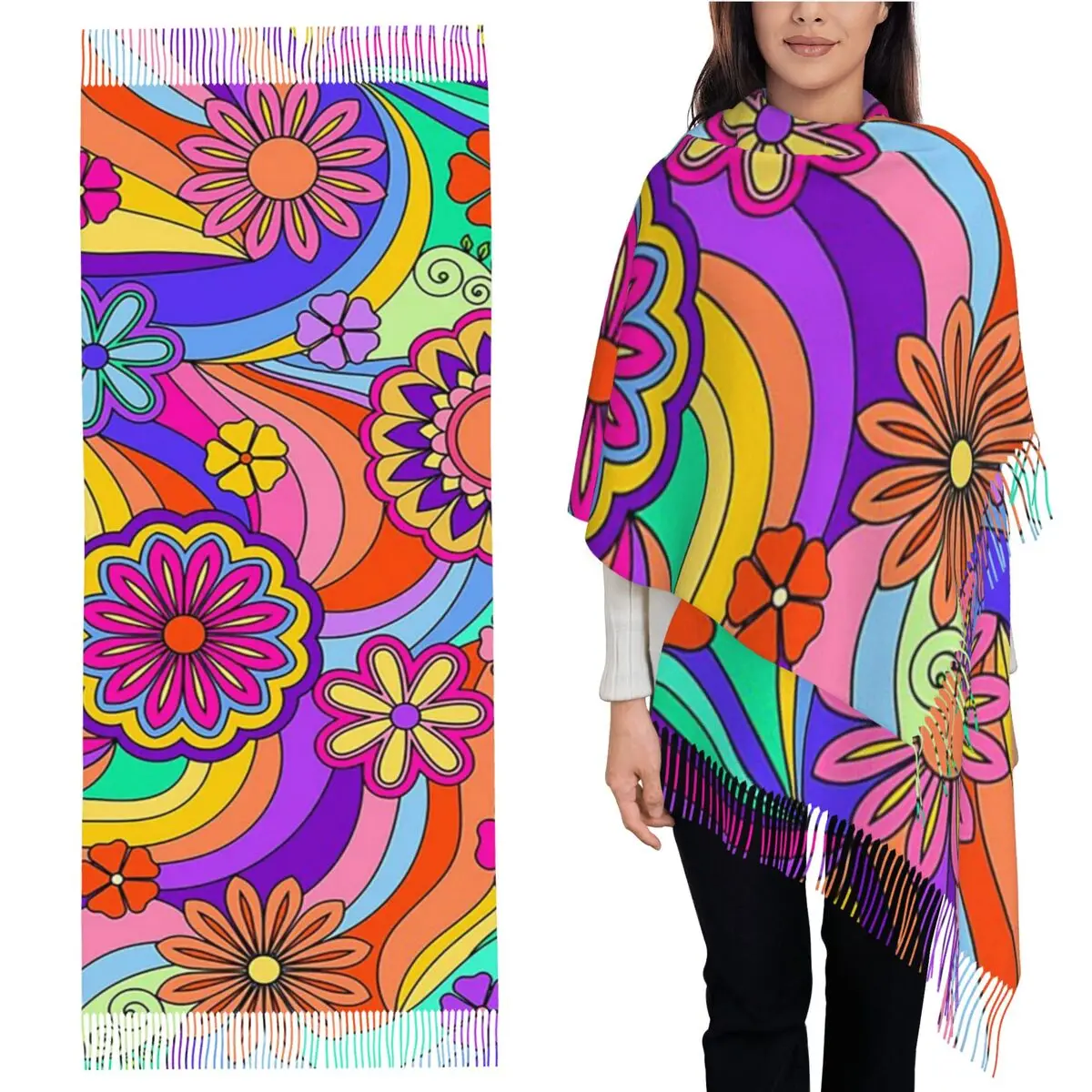 

Groovy Psychedelic Flower Power Scarf Tassel Scarves for Women Soft Warm Shawls and Wraps Long Fall Winter Shawl Wrap