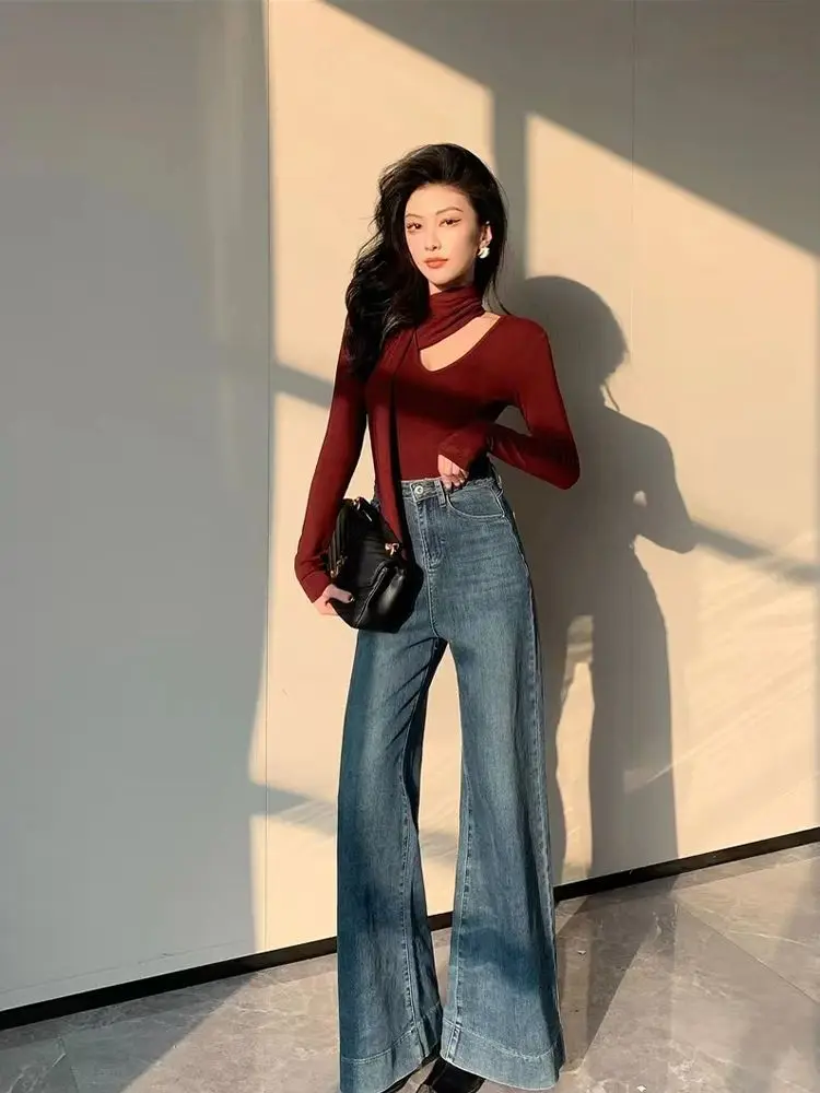 French Sexy Design Streamer Langarm-T-Shirt Schlankes und schlankes High-End-Neues Hohlbasistop für Frühling und Herbst