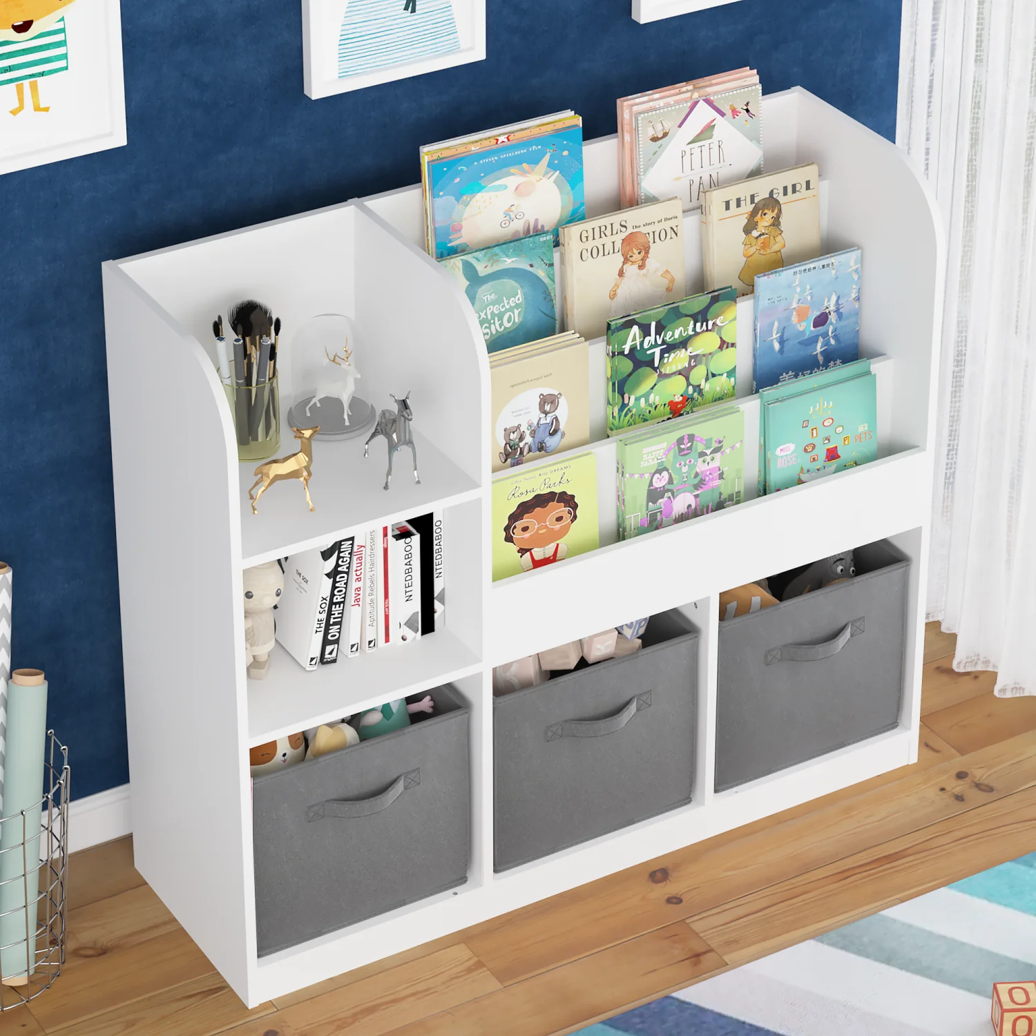 

Kids Bookcase and Bookshelf, Multifunctional Bookcase with 3 Collapsible Fabric Drawers, Bookcase Display Stand, Toy Storage Org