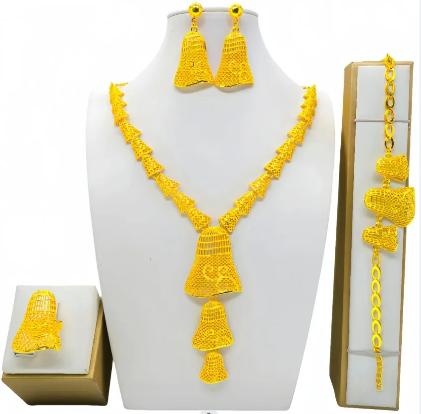 Dubai Gold Color Jewelry Set Double Layered Necklace Big Pendant Sets For Women African Bridal Wedding Party Jewellery Gifts