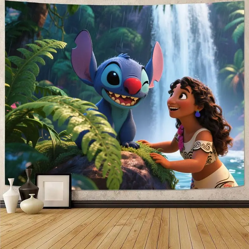 Tapiz colorido de Disney Lilo & Stitch, arte de la isla de las flores, decoración de pared, poliéster moderno para fanáticos del dormitorio y la sala de estar, 1 ud.