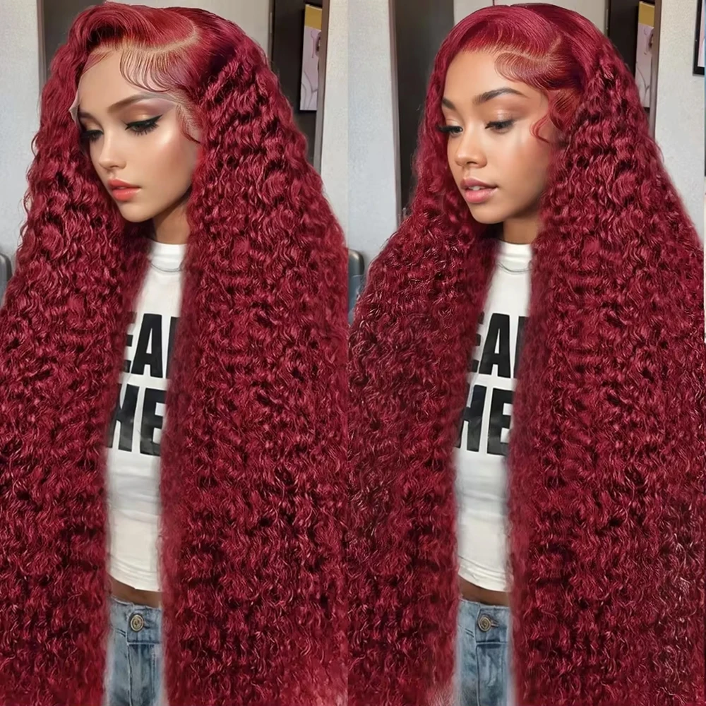 13x6 13x4 Deep Wave Human Hair Wigs Burgundy 36-18 inch HD Lace Frontal Wigs 99J Red Colored Curly Lace Front Wigs 180% 200%