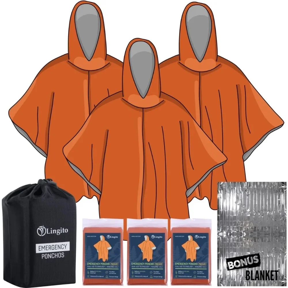

Lingito Rain Ponchos Family Pack - Emergency Drawstring Hood Poncho for Children & Adults Lightweight Reusable or Disposable