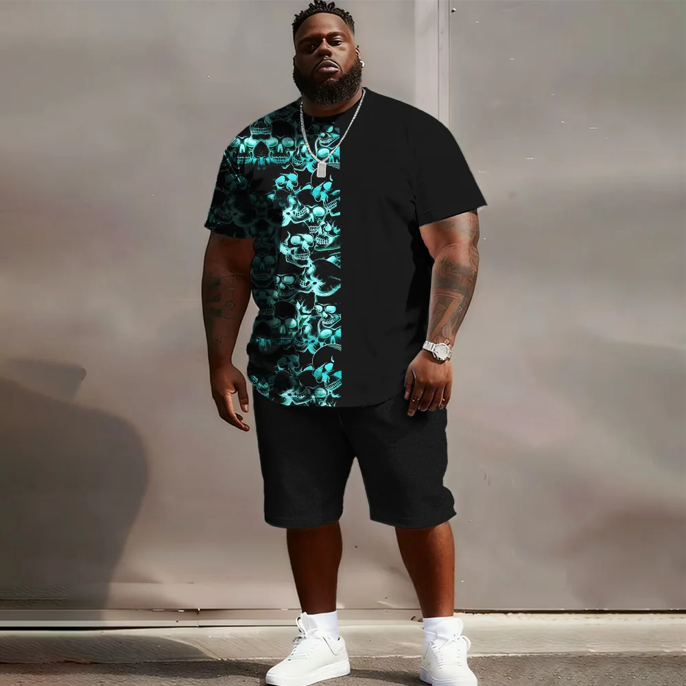 

Мужской комплект с короткими рукавами больших размеров S-9xl: Vibe с краями черепа — большой и высокий крой из двух предметов, мягкая ткань, гладкие рваные черепа