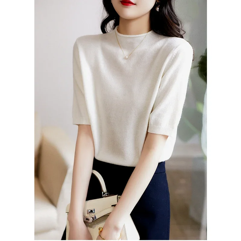 Summer 2024 Casual Knitted Shirt Women Tops Solid Loose Half-Turtleneck Blouse Women Clothing Fashion Chic Korean Clothes 13777