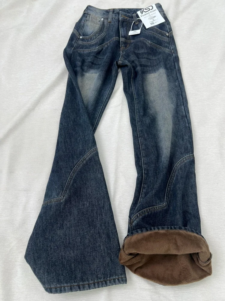 

Большие размеры, джинсовые брюки Thi на подкладке, женские зимние свободные брюки с высокой талией, тонкие прямые широкие джинсы, удобные дышащие