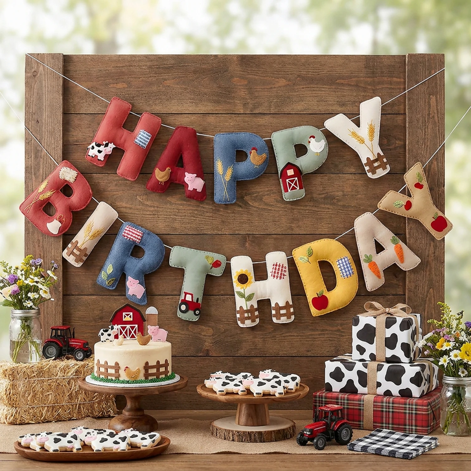 Guirlande d'anniversaire 2D en feutre sur le thème des animaux de la ferme (porc, vache, village, ferme) pour décorations de fête de baby shower garçons et filles