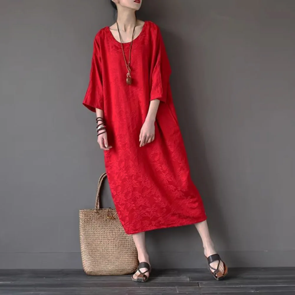 

Ethnic Style Red Dress With 3/4 Sleeves Jacquard Cotton Round Neck Retro Casual Loose Mid-Length Dress Robe Women Spring Summer